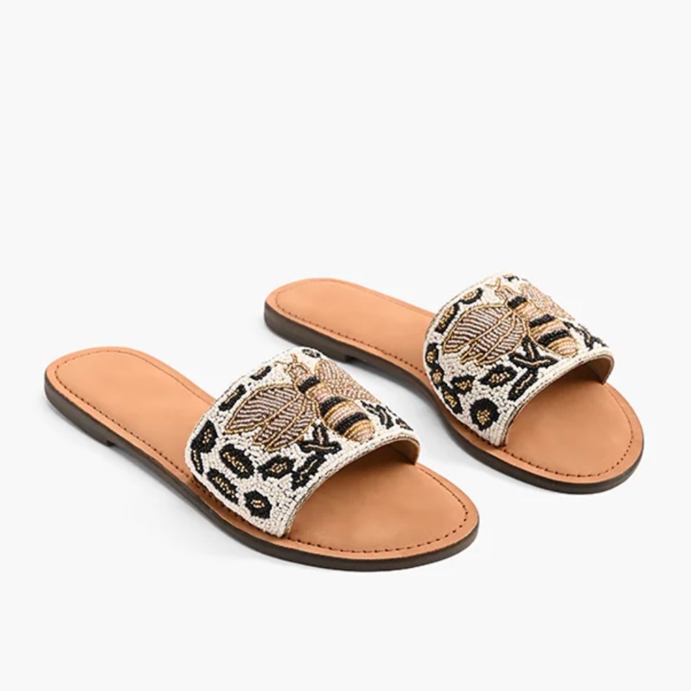 Beaded Slide Sandals with Leopard & Bee Motif - Tan/Beige